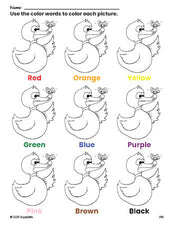 Free duck coloring page and color worksheet for preschoolers to learn colors, printable PDF