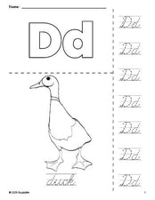 Free printable duck coloring page and cursive letter tracing worksheet, letter d worksheet for preschool, pre-k, and kindergarten, PDF