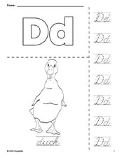 Free printable duck coloring page and cursive letter tracing worksheet, letter d worksheet for preschool, pre-k, and kindergarten, PDF