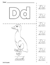 Free printable duck coloring page and cursive letter tracing worksheet, letter d worksheet for preschool, pre-k, and kindergarten, PDF