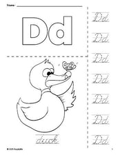 Free printable duck coloring page and cursive letter tracing worksheet, letter d worksheet for preschool, pre-k, and kindergarten, PDF