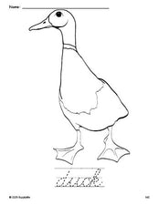 Free printable duck coloring page and cursive word tracing worksheet, perfect for preschool, pre-k, and kindergarten, PDF