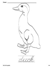 Free printable duck coloring page and cursive word tracing worksheet, perfect for preschool, pre-k, and kindergarten, PDF