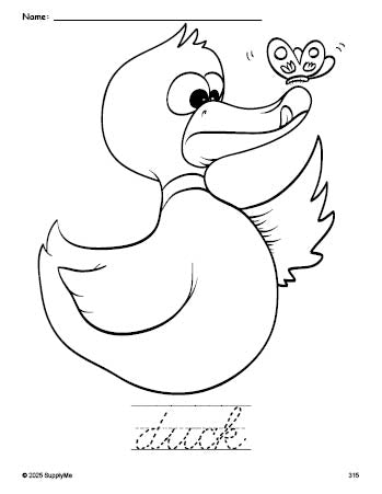 Free printable duck coloring page and cursive word tracing worksheet, perfect for preschool, pre-k, and kindergarten, PDF