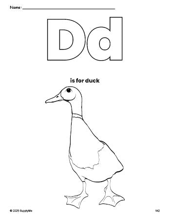 Free printable duck coloring page, letter d coloring page for preschool, pre-k, and kindergarten, PDF