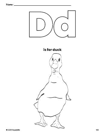 Free printable duck coloring page, letter d coloring page for preschool, pre-k, and kindergarten, PDF