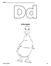 Free printable duck coloring page, letter d coloring page for preschool, pre-k, and kindergarten, PDF