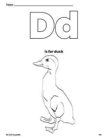 Free printable duck coloring page, letter d coloring page for preschool, pre-k, and kindergarten, PDF