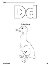 Free printable duck coloring page, letter d coloring page for preschool, pre-k, and kindergarten, PDF