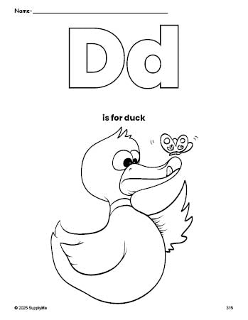 Free printable duck coloring page, letter d coloring page for preschool, pre-k, and kindergarten, PDF