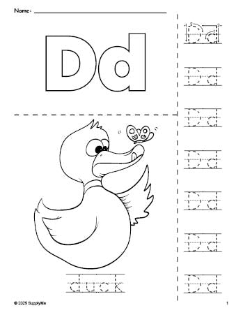 Free printable duck coloring page and letter tracing worksheet, letter d worksheet for preschool, pre-k, and kindergarten, PDF