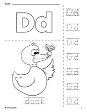 Free printable duck coloring page and letter tracing worksheet, letter d worksheet for preschool, pre-k, and kindergarten, PDF