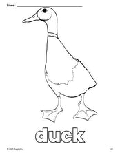 Free printable duck coloring page for preschool, pre-k, and kindergarten, PDF