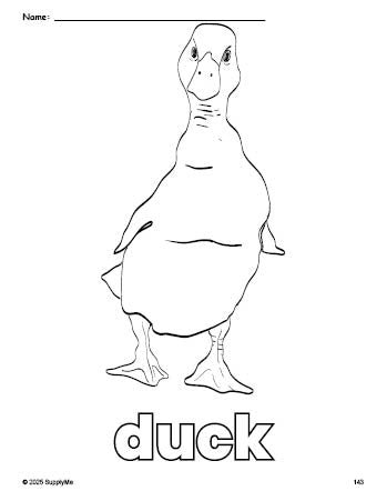 Free printable duck coloring page for preschool, pre-k, and kindergarten, PDF