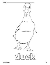 Free printable duck coloring page for preschool, pre-k, and kindergarten, PDF