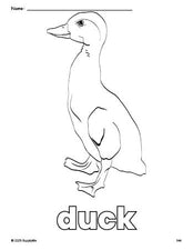 Free printable duck coloring page for preschool, pre-k, and kindergarten, PDF