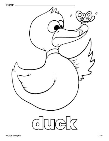 Free printable duck coloring page for preschool, pre-k, and kindergarten, PDF