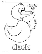 Free printable duck coloring page for preschool, pre-k, and kindergarten, PDF