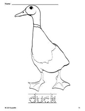 Free printable duck coloring page and word tracing worksheet, letter formation guides, perfect for preschool, pre-k, and kindergarten, PDF