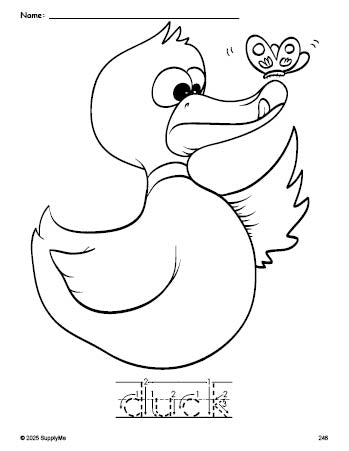 Free printable duck coloring page and word tracing worksheet, letter formation guides, perfect for preschool, pre-k, and kindergarten, PDF