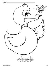 Free printable duck coloring page and word tracing worksheet, letter formation guides, perfect for preschool, pre-k, and kindergarten, PDF