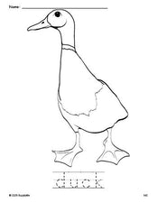 Free printable duck coloring page and word tracing worksheet, perfect for preschool, pre-k, and kindergarten, PDF