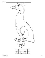 Free printable duck coloring page and word tracing worksheet, perfect for preschool, pre-k, and kindergarten, PDF