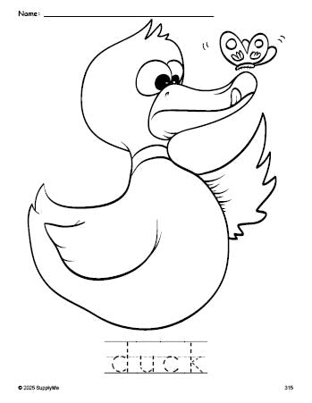 Free printable duck coloring page and word tracing worksheet, perfect for preschool, pre-k, and kindergarten, PDF