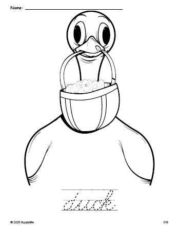 Free printable duck Easter coloring page and cursive word tracing worksheet, perfect for preschool, pre-k, and kindergarten, PDF