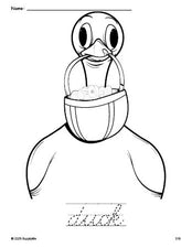 Free printable duck Easter coloring page and cursive word tracing worksheet, perfect for preschool, pre-k, and kindergarten, PDF