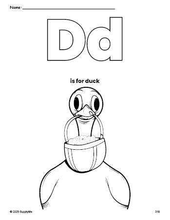 Free printable duck Easter coloring page, letter d coloring page for preschool, pre-k, and kindergarten, PDF