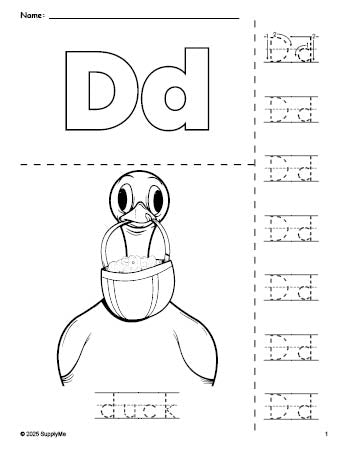 Free printable duck Easter coloring page and letter tracing worksheet, letter d worksheet for preschool, pre-k, and kindergarten, PDF