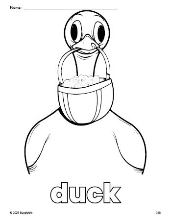 Free printable duck Easter coloring page for preschool, pre-k, and kindergarten, PDF