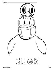 Free printable duck Easter coloring page for preschool, pre-k, and kindergarten, PDF