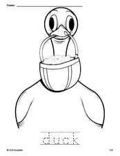 Free printable duck Easter coloring page and word tracing worksheet, perfect for preschool, pre-k, and kindergarten, PDF