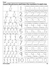 Free printable duck counting worksheet for preschool and pre-k with number tracing practice 1-10, PDF