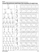 Free printable duck counting worksheet for preschool and pre-k with number tracing practice 1-10, PDF