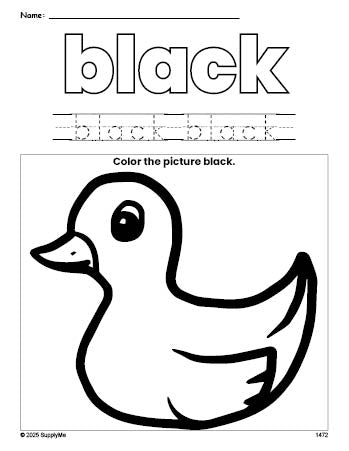 Free duckling color black coloring page and color worksheet, black worksheet for preschoolers to learn colors, printable PDF