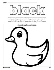 Free duckling color black coloring page and color worksheet, black worksheet for preschoolers to learn colors, printable PDF