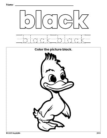 Free duckling color black coloring page and color worksheet, black worksheet for preschoolers to learn colors, printable PDF