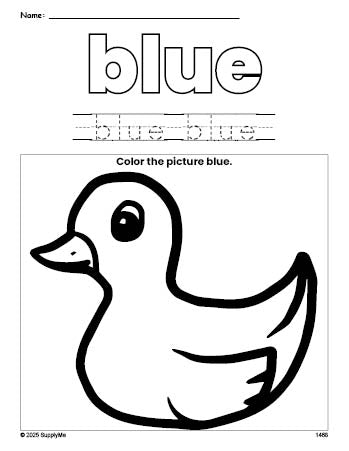 Free duckling color blue coloring page and color worksheet, blue worksheet for preschoolers to learn colors, printable PDF