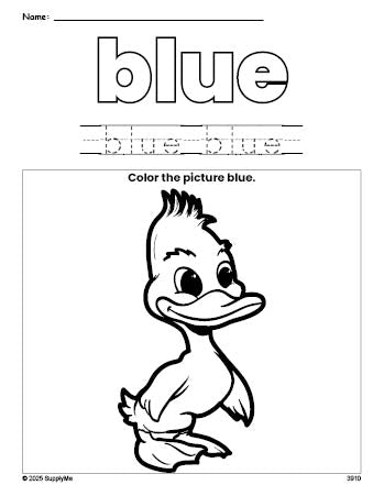 Free duckling color blue coloring page and color worksheet, blue worksheet for preschoolers to learn colors, printable PDF