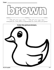 Free duckling color brown coloring page and color worksheet, brown worksheet for preschoolers to learn colors, printable PDF