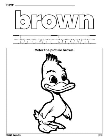 Free duckling color brown coloring page and color worksheet, brown worksheet for preschoolers to learn colors, printable PDF