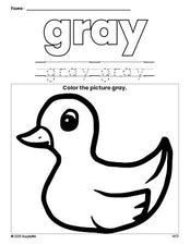 Free duckling color gray coloring page and color worksheet, gray worksheet for preschoolers to learn colors, printable PDF