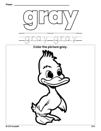 Free duckling color gray coloring page and color worksheet, gray worksheet for preschoolers to learn colors, printable PDF