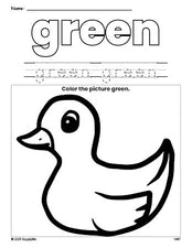 Free duckling color green coloring page and color worksheet, green worksheet for preschoolers to learn colors, printable PDF