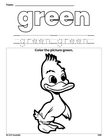 Free duckling color green coloring page and color worksheet, green worksheet for preschoolers to learn colors, printable PDF