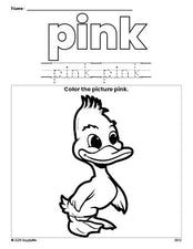 Free duckling color pink coloring page and color worksheet, pink worksheet for preschoolers to learn colors, printable PDF