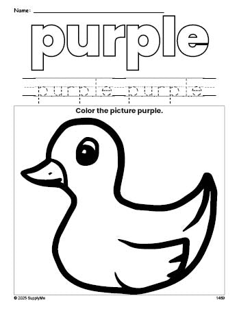 Free duckling color purple coloring page and color worksheet, purple worksheet for preschoolers to learn colors, printable PDF